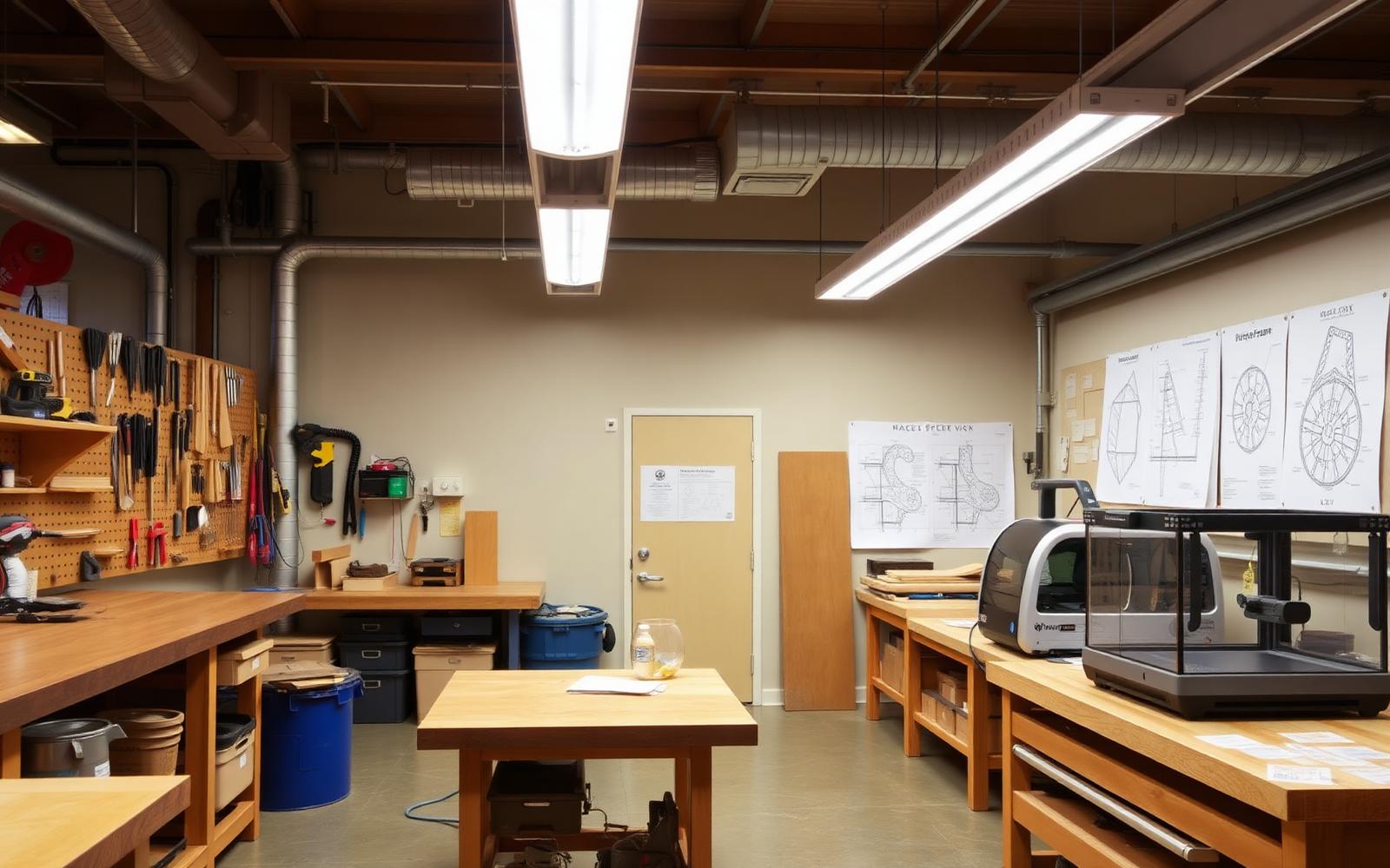 A school workshop with hand tools, workbenches, and a 3D printer